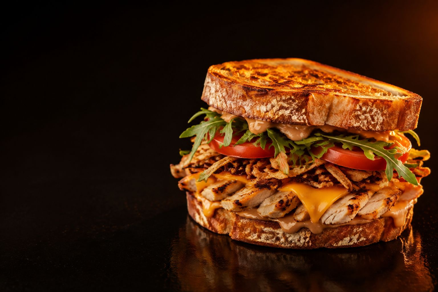 Sandwich toasté garni de poulet grillé, cheddar fondu, tomate et roquette